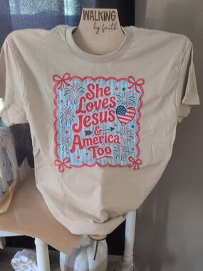 Gildan Cream Short-Sleeve Tee with Patriotic Faith Graphic